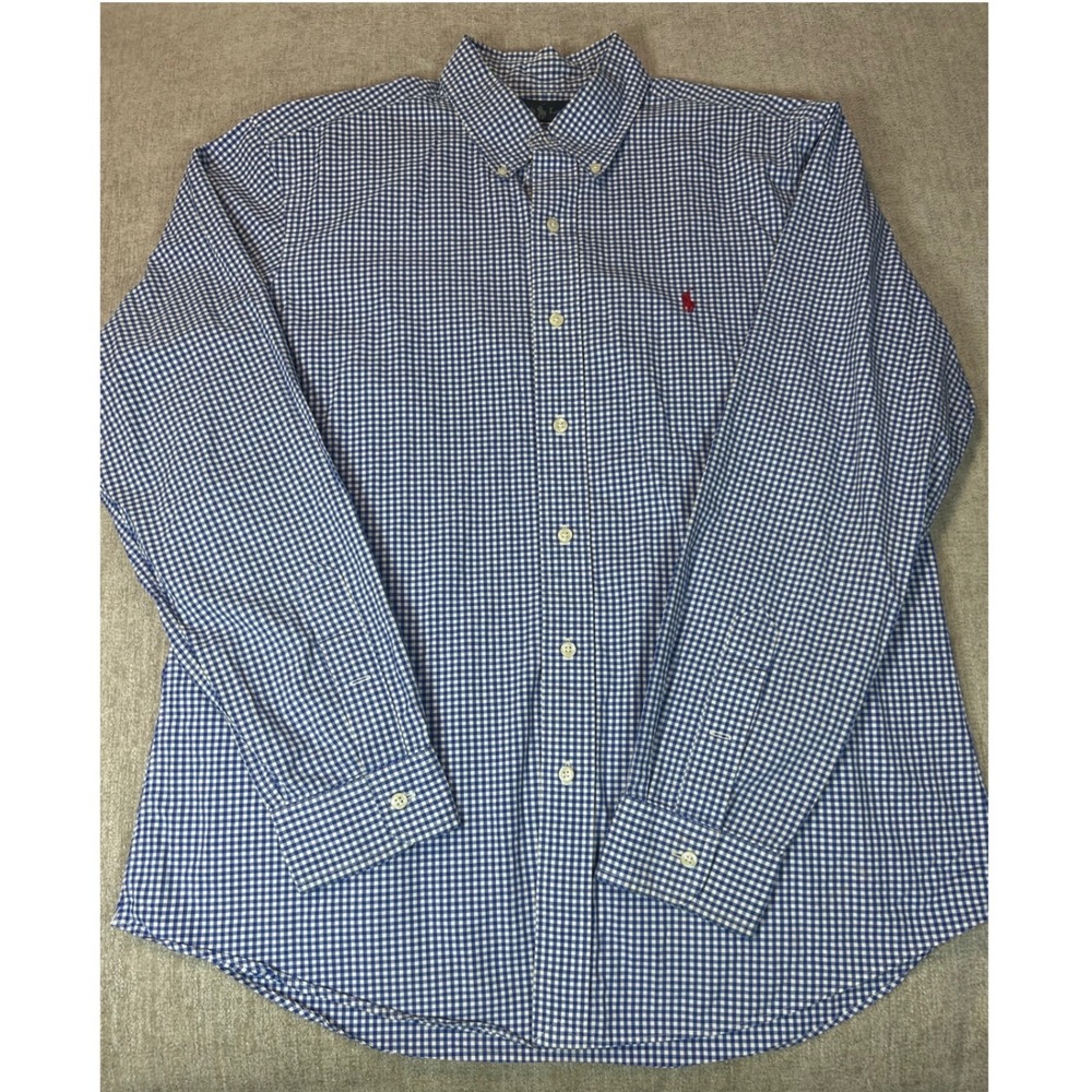 Ralph Lauren Mens Custom Fit Gingham Button Down Shirt Blue White Large L Pony